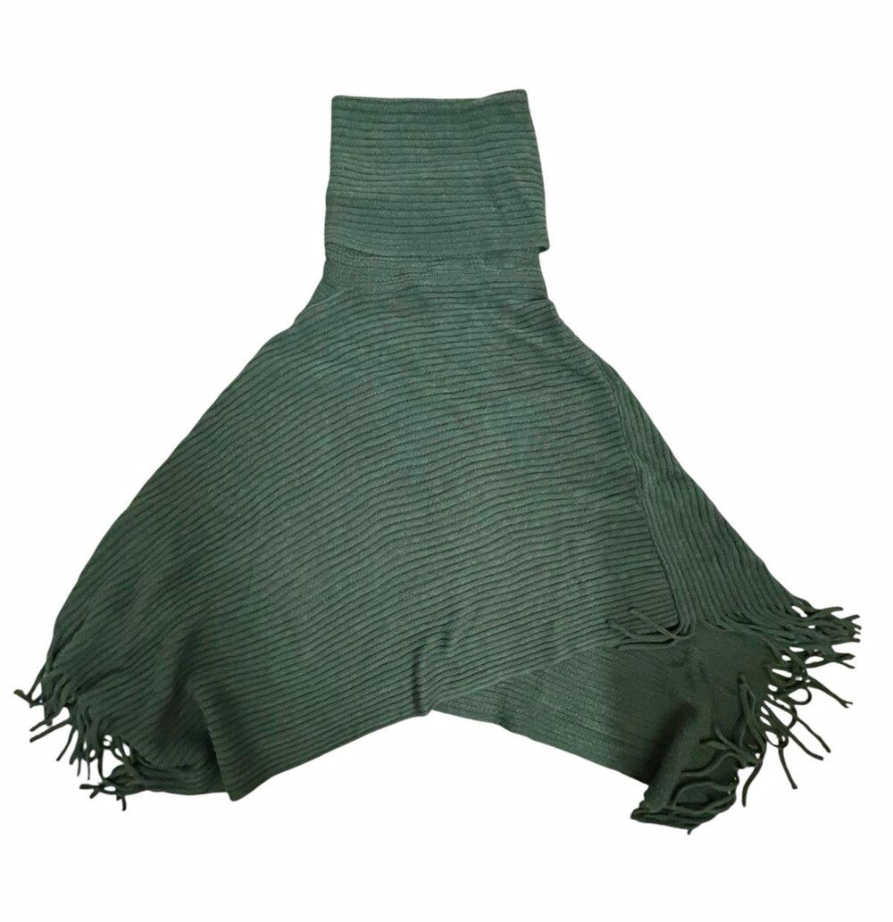 Women’s Green Ribbed Knit Turtleneck Fringe Poncho Sweater One Size